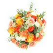 On a pristine white background, this bouquet appears as a perfectly rounded island of colour viewed from directly above, every bloom carefully positioned to create a harmonious, sunlit effect. The most striking elements are the roses, their petals tightly layered in spirals that transition from deep amber and golden yellow at the base to vivid orange and tangerine at the edges, like a series of tiny sunsets clustered together. Interwoven among them are plush carnations in tones of soft peach, apricot, and bright mandarin, their ruffled edges adding a feathery softness and sense of abundance. Gerbera daisies with broad, flat petals radiate outwards in gentle peach and light orange shades, some brushed with a hint of pink in their centres, bringing a playful, open-faced charm to the design. Scattered delicately between these larger flowers are fine sprays of tiny white and pale green filler blossoms that resemble airy Astrantia, introducing texture and breathing space so the bouquet never feels crowded. A ring of fresh greenery frames the warm heart of the arrangement: rounded eucalyptus leaves in muted silvery-green sit alongside deeper green foliage, offering a cool contrast and a suggestion of refreshing fragrance. The lighting is bright and even, making the colours appear crisp and vibrant against the white surface, as if the bouquet were carefully laid out in a Canonbury studio just off Liverpool Road. The overall effect is one of radiance and contentment, ideal for brightening a dining table near Canonbury Station, sending a joyful get-well message, or marking a quiet, personal celebration with flowers that feel both generous and uplifting.