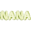 A playful, organic rendering of the word NANA appears in soft, pale green lettering set against a clean white backdrop. Each capital character reads as if built from countless tiny, rounded green segments-like miniature succulent rosettes, pea-green button buds, or the inside flesh of a cucumber-so that the surface shimmers with an almost pearled, bumpy texture. The letters sit in three dimensions, slightly raised from their plain background, so light pools along the gentle contours and throws delicate, short shadows that emphasize the tactile, almost edible quality of the design. Up close you can imagine the faint, green vegetal scent of fresh foliage, the crisp, slightly dewy aroma that evokes a kitchen herb patch more than a perfume counter. The overall mood is warm and nurturing rather than formal: the lime and chartreuse tones suggest vitality, youth, and the kind of homely, wholesome comfort often associated with a grandmother's cooking or a family recipe passed down at the Canonbury farmer's market on Chapel Market. As a visual piece it reads as both affectionate and fresh, suited to editorial photography about natural ingredients, seasonal recipes, or a family story that links food and memory. A local florist or food stylist familiar with New North Road and Upper Street might display this as a charming sign of affection at a community event or as a prop for a printed tribute to family traditions. The craftsmanship is careful and intentional-each rounded segment aligned to preserve the letters' readability while keeping a soft, inviting texture that invites memory and gentle smiles.