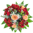 This lush, rounded bouquet radiates the warmth and sophistication typical of neighbourhood gatherings in Canonbury. At the core, velvety peach-apricot roses unfurl gently, their petals catching subtle sunlight that dances off each curve. Surrounding them, deep red spray chrysanthemums and smaller crimson roses create a lively interplay of colour and texture, balanced perfectly by clouds of delicate white gypsophila. Framing the composition, you'll notice broad, glossy greens-perhaps salal or camellia-and the cool contrast of silvery eucalyptus, punctuated by elegantly folded ti leaves. Tucked within the foliage are striking, darker accent forms that add a touch of wilderness, reminiscent of hidden corners in Canonbury's secret gardens. The bouquet exudes an uplifting, celebratory air, its fragrance lightly sweet and green. It calls to mind moments of appreciation, from a birthday celebration to a simple token of admiration delivered across N1. Every flower and leaf is thoughtfully chosen and placed by local florists, ensuring the bouquet captures both local charm and lasting emotion.