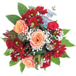 This Canonbury bouquet delivers a lively interplay of contrast and harmony, its visual composition as artful as any scene along Douglas Road or Newington Green. At the heart are peach-toned roses, their petals richly detailed and gracefully spiraled, radiating gentle warmth and romance. These are beautifully offset by clusters of deep reddish-crimson chrysanthemums, each punctuated by a small, vivid green-yellow center that pops against the bouquet's full body. Wispy clouds of white baby's breath float throughout, catching the light and offering a delicate counterbalance to the boldness of the rose and chrysanthemum tones. Around the edges, lush, deep green leaves and soft, silvery-bluish sprigs of eucalyptus peek through, adding freshness and subtle fragrance akin to a morning stroll through Canonbury's garden squares. A solitary spiky, rusty-brown accent on the left-perhaps a protea bud-creates a unique textural twist, hinting at the area's cosmopolitan flair. The bouquet forms a generous, rounded cluster, resonating with optimism and refinement, perfect for birthdays, celebrating special moments, or simply lending cheer to a neighbour's home. The gentle scent is an invitation-a layered blend of rosy sweetness and green vibrancy, all crafted to evoke joy and renewal right here in Canonbury.