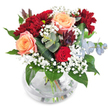 This radiant mixed bouquet, expertly arranged by Canonbury Flowers, feels like a celebration of the area's artistic spirit and neighbourhood warmth. At its heart, two softly glowing apricot roses bloom with welcoming spirals of plush petals, commanding attention amid a medley of crimson and burgundy hues. Nestled nearby, a smaller red rose adds a note of classic romance, while abundant, dark red chrysanthemums unfurl velvety layers, echoing the richness of autumn evenings in Canonbury's gardens. Wispy stems of white gypsophila meander throughout, creating a gentle, airy lift that contrasts with the deeper tones. Surrounded by vivid, glossy green foliage and accented with the cool, rounded leaves of eucalyptus, the bouquet boasts contemporary elegance. Unique touches of deep plum-toned succulent greens peek out, introducing luxurious texture and intrigue. The transparent, perfectly rounded glass vase shows off the fresh-cut stems as well as the clarity of water-a detail that enhances the garden-fresh feeling enjoyed by locals along Upper Street. Each stem is placed with care, resulting in a wonderfully balanced arrangement that suits marking meaningful milestones, expressing gratitude, or simply brightening a loved one's home with a touch of Canonbury vibrance and authentic florist artistry.