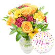 A sunlit, celebratory bouquet and balloon set arranged against a clean white backdrop, described as if in the hands of a local Canonbury florist. The display centres on a generous cluster of warm-toned blooms in a clear glass vase: large, peachy-orange roses with velvety, spiralled petals create a soft, glowing focal point, their fragrance warm and slightly honeyed. Bright yellow gerbera daisies punctuate the scene like little suns, their flat faces revealing dark brown centres that catch the eye. Deep burgundy carnations, ruffled and plush, add a tactile, velvet depth between the roses, while slender-stemmed white alstroemeria with faint speckling lend a delicate, airy contrast and subtle perfume. Lush foliage - glossy broad leaves and fine green sprigs - cushions the composition and lets each colour sing. The vase is simple and transparent; the stems and clear water are visible, conveying freshness and careful preparation. To the lower right, a round white foil balloon playfully overlaps the vase: scattered gold and hot-pink polka dots and tiny heart motifs dance across its surface, and in lively fuchsia script the sentiment reads 'Best Mum.' Soft natural light, as you might find spilling from a Canonbury cottage window or from nearby Highbury Fields on a spring morning, gives the petals a gentle glow and casts faint, elegant shadows. This image feels like a thoughtful Mother's Day or birthday gift - a tactile, fragrant tribute intended to make a mother feel cherished, hand-delivered with quiet pride to homes across Canonbury and neighbouring Islington streets.