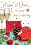 Illustrated anniversary card that feels like a tender tribute to parents celebrating another year together in Canonbury. In the foreground, a luxurious heart-shaped chocolate box in deep red sits open, its satin bow cascading in loose, elegant folds that mirror the soft curves of rose petals. Inside the box, a selection of chocolates gleams invitingly, some already placed on the table as if ready to be shared during a quiet evening at home. To the left, two full-bloom red roses rest against a cluster of rich green leaves, their velvety petals captured with such detail that you can almost sense their fragrance-just the kind of stems a local florist would choose for a special delivery along Canonbury Park. Behind them, a pair of tall champagne flutes stand close together, filled with pale golden fizz that rises in delicate streams, glowing warmly as though lit by nearby candlelight. Suspended around the scene are dainty hearts in tones of crimson and glimmering gold, drifting across the card and framing a loving dedication to Mum & Dad. A vibrant scarlet envelope, sealed and slightly angled, suggests a heartfelt message inside-memories, promises, and thanks written in familiar handwriting. The colours are rich and saturated, from ruby reds to molten golds, while the gentle highlights on glass and ribbon create a sense of depth and intimacy. Overall, the image captures a quiet, romantic moment: roses freshly arranged, chocolates waiting to be savoured, and champagne ready to be raised in honour of a love that has grown stronger with every passing year.
