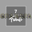 A serene, studio-style image presents a modern take on a traditional funeral letter tribute, arranged against a smooth grey background that feels calm and understated, much like a quiet Canonbury morning. At the centre is a dark slate-grey square bordered with a slim white line, giving it a crisp, framed look. Within this square sit three lines of white text: a large, dominant 7 at the top, followed by the word LETTER in a smaller, clean sans-serif font, and at the bottom the word Tribute written in a flowing script that suggests individuality and care. Behind and around this graphic panel, partially concealed, lies a floral word arrangement spelling GRANDMA. Each letter is crafted from a dense blanket of small white chrysanthemums or similar round-petalled blooms, their soft texture and cool tone evoking purity, peace, and remembrance. The letters stand in a neat row, sturdy and well-defined, while accents of deep purple flowers and sprigs of fresh green foliage are dotted thoughtfully along their contours. These purple touches sit like jewels against the white, bringing a gentle richness without overwhelming the design. Only segments of each letter are visible from behind the central square-the curve of the G and parts of the R, A, N, D, M, and final A-yet the loving word they form is clear. The composition quietly communicates that this is a bespoke seven-letter funeral tribute, the kind a local Canonbury family might choose for a church service off St Paul's Road or a farewell gathering near New River Walk when saying goodbye to a much-loved grandmother.