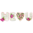 Against a pristine white backdrop a bespoke sympathy or celebration tribute reads from left to right: the capital H, the capital E, a full heart, then the capital U - an intimate visual spelling of devotion. The H and E and U are lovingly formed from compact clusters of pure white chrysanthemums whose cushiony heads create a soft, tactile surface; each letter's edge is neatly finished with a ruffled blush-pink satin ribbon that catches the studio light and lends a gentle, handwritten quality. At the base of the H a bright accent cluster of two vivid fuchsia-pink roses nestles among tiny reddish-pink berries and fine, deep-green, fern-like foliage, a vivid punctuation against the white. The E carries a larger central accent: a trio of the same fuchsia roses framed by glossy green leaves, drawing the eye to the middle stroke. In place of a single vertical, the central heart is a romantic, overflowing shape filled with layered pale-pink carnations and spray carnations, delicate blush-pink lisianthus (eustoma) or small roses, and airy pale-green eucalyptus leaves that soften the composition with cool, silvery-green tones. The heart's edge is also traced in the matching blush ribbon so the whole set reads as one tender statement. Light seems to rest on the blooms, offering subtle shadows and a suggestion of scent - honeyed roses, the faint spice of carnations, and the sweet, lemony lift of eucalyptus. Crafted with steady hands and thoughtful composition, this display suits a funeral chapel, a memorial service at Canonbury Square, or a private celebration of life at home on a quiet Canonbury morning, where its message of love and remembrance feels both personal and profoundly present.